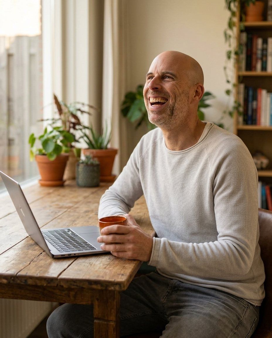 Ivo Sillé lacht, aan een houten tafel met zijn laptop